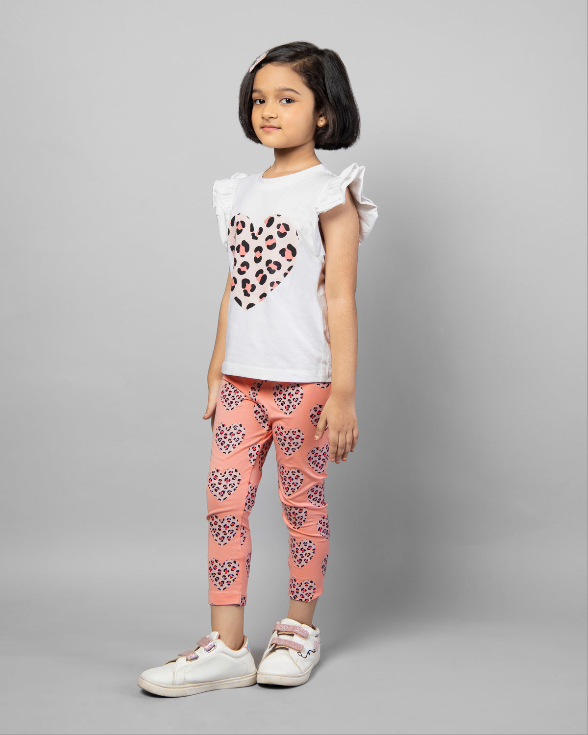 White and Pink Heart printed Top & Legging Girls Co-ord set