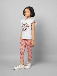 White Frill Sleeve Pink Heart Printed Cotton Girls T-shirt