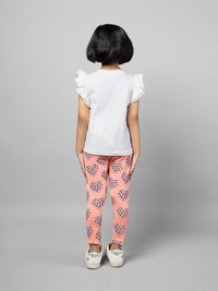 White Frill Sleeve Pink Heart Printed Cotton Girls T-shirt