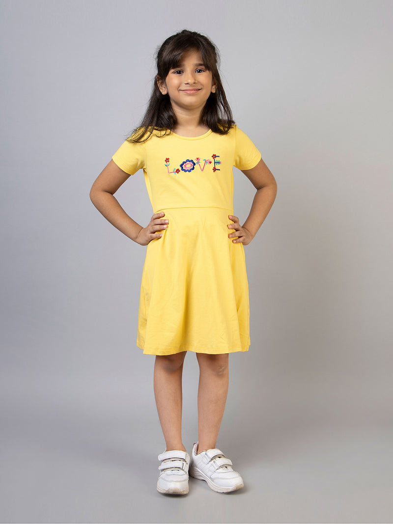 Yellow Half Sleeves Love Embroidered Girls Dress