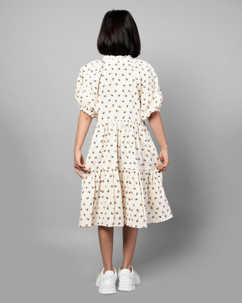 Off White Elbow Length Sleeve Floral Printed Girls Dress