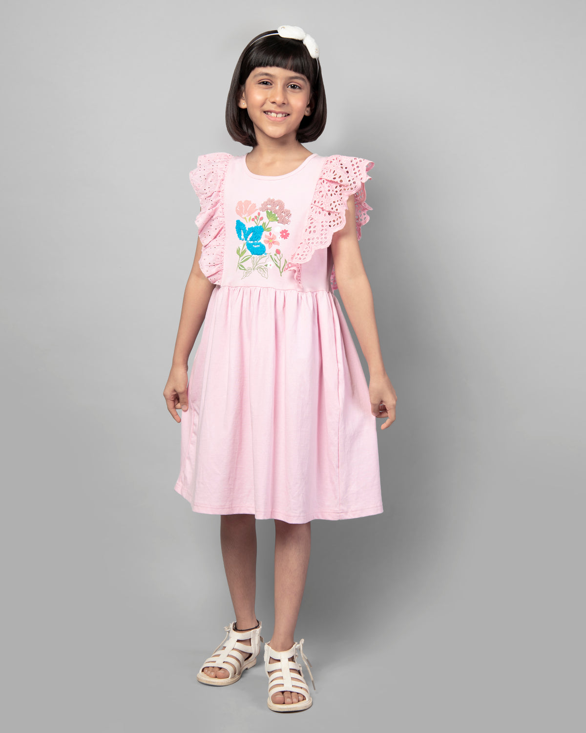 Pink Short Sleeve Floral Printed Flip Sequin Girls Dress