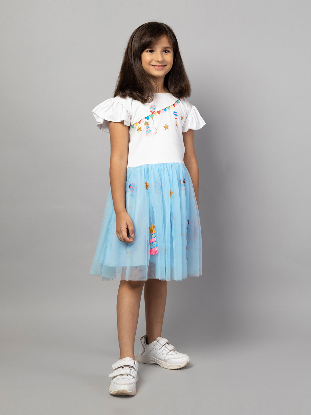 Sky Blue Half Sleeve Embroidered Party Girls Dress