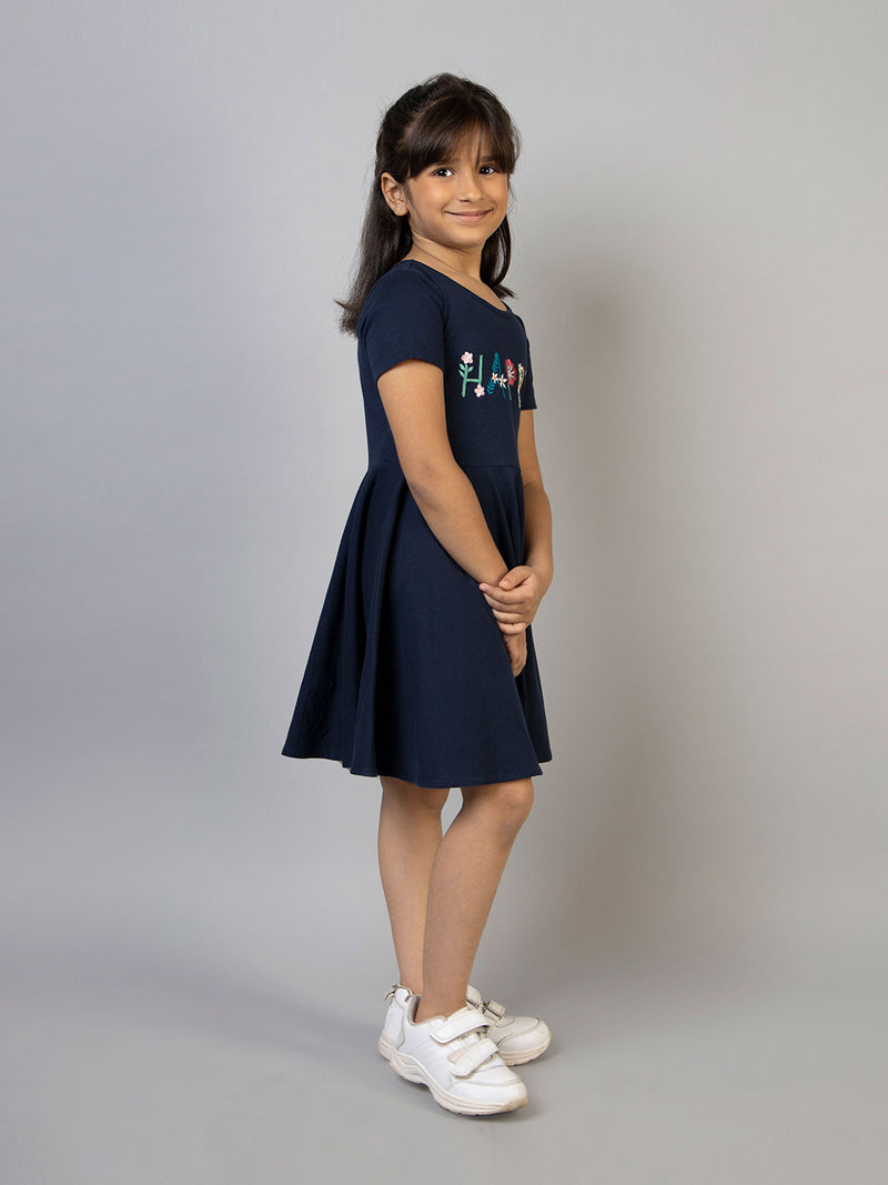 Navy Blue Half Sleeve Happy Embroidered Girls Dress