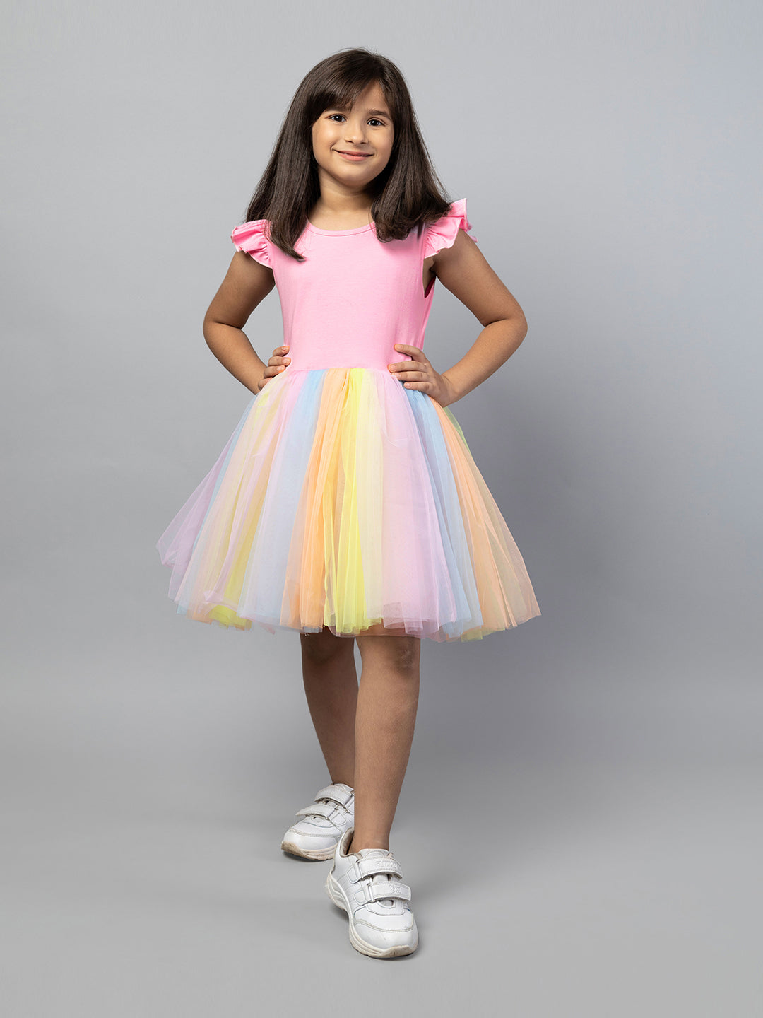 Multicolor Cute Frilly Sleeves Rainbow Party Girls Dress