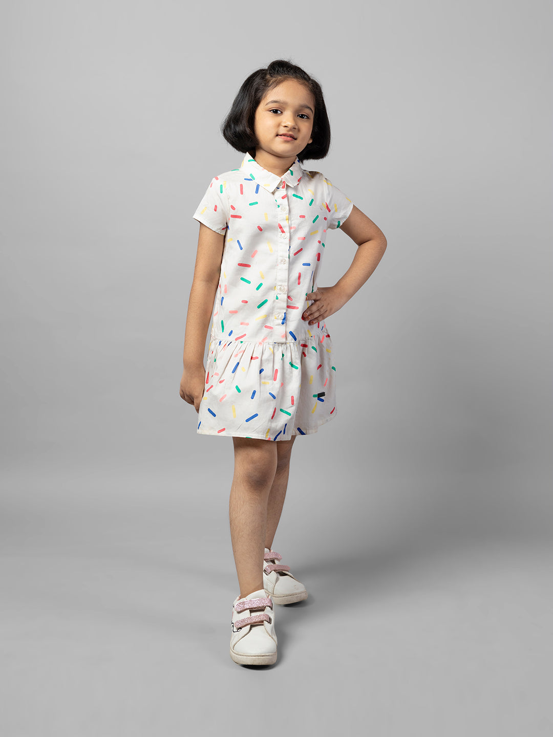 White Full Sleeve Casual Printed Girls Dress