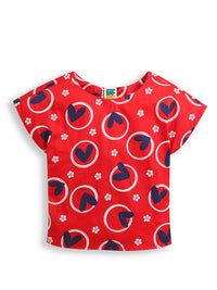 Red Girls Top with Blue White Heart Print & Designer Back