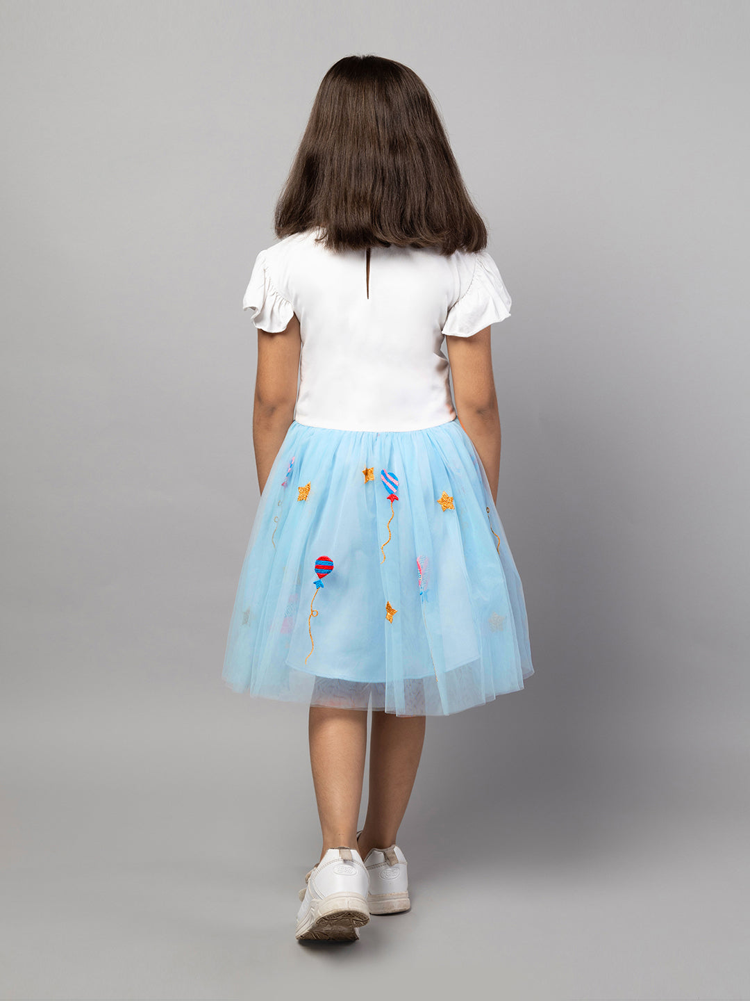 Sky Blue Half Sleeve Embroidered Party Girls Dress