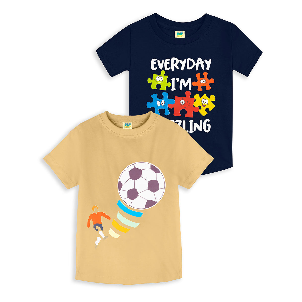 Pack of 2 Beige-Football & Navy Blue-Puzzle Print Cotton T-shirt