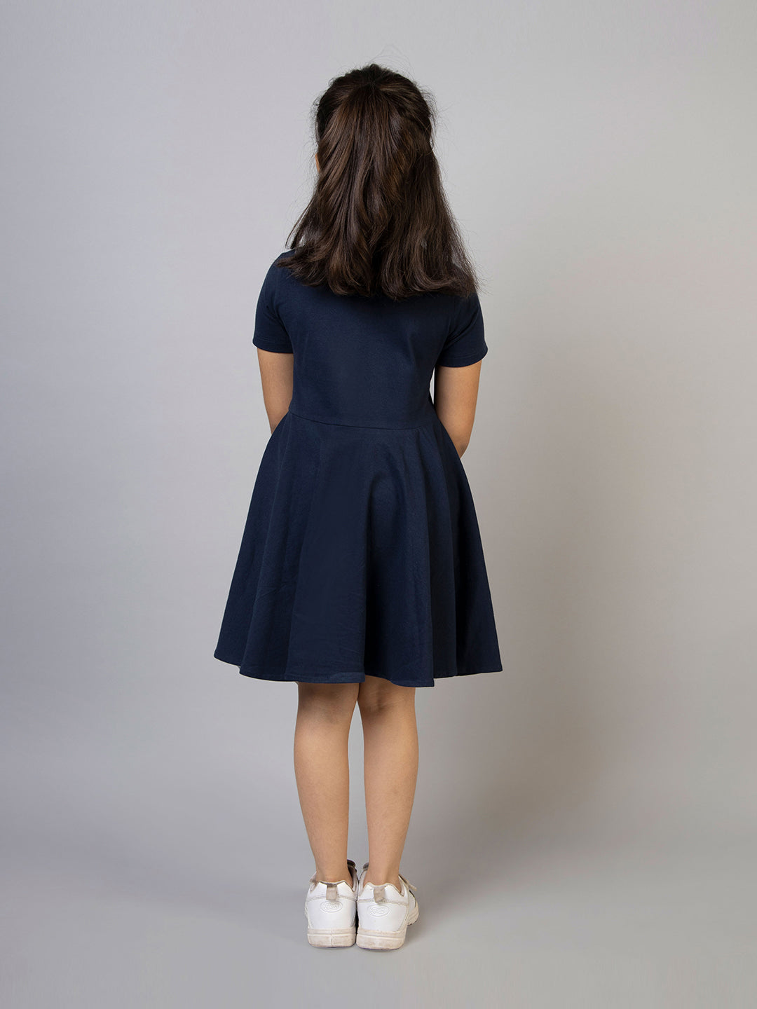 Navy Blue Half Sleeve Happy Embroidered Girls Dress