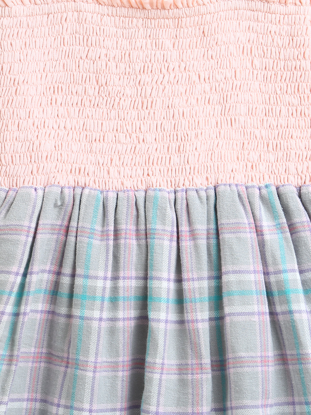 Peach Check Pattern Smocked Dress