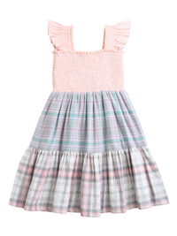 Peach Check Pattern Smocked Dress