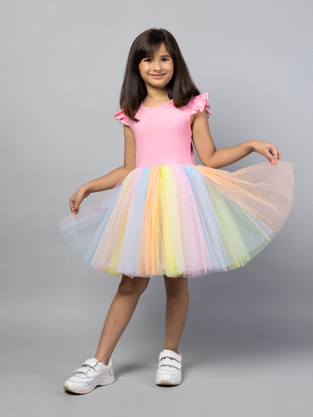 Multicolor Cute Frilly Sleeves Rainbow Party Girls Dress