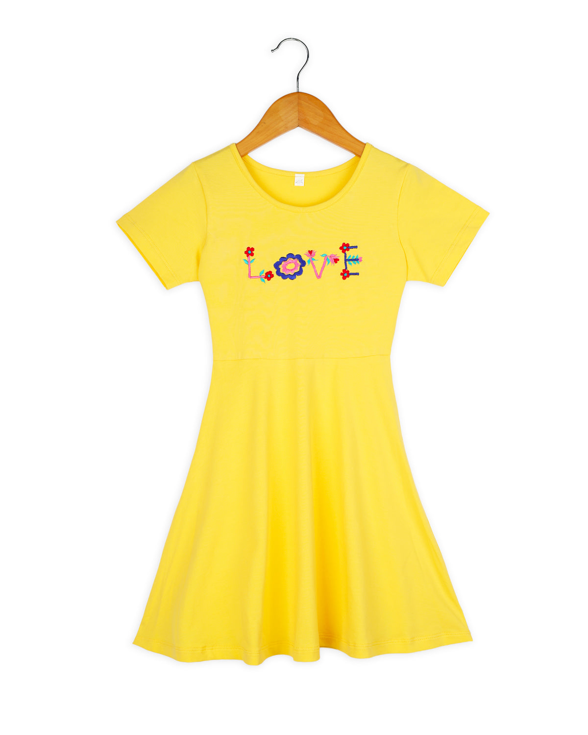 Yellow Half Sleeves Love Embroidered Girls Dress