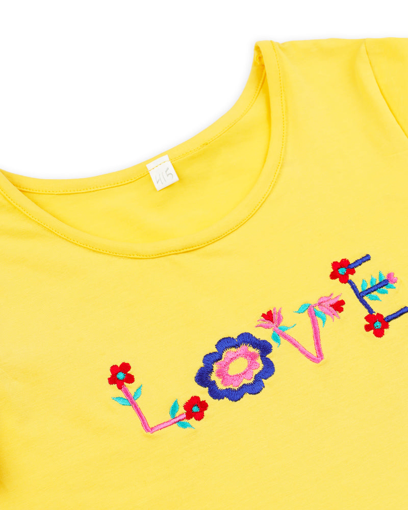 Yellow Half Sleeves Love Embroidered Girls Dress