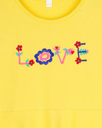 Yellow Half Sleeves Love Embroidered Girls Dress