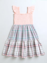 Peach Check Pattern Smocked Dress