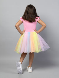 Multicolor Cute Frilly Sleeves Rainbow Party Girls Dress