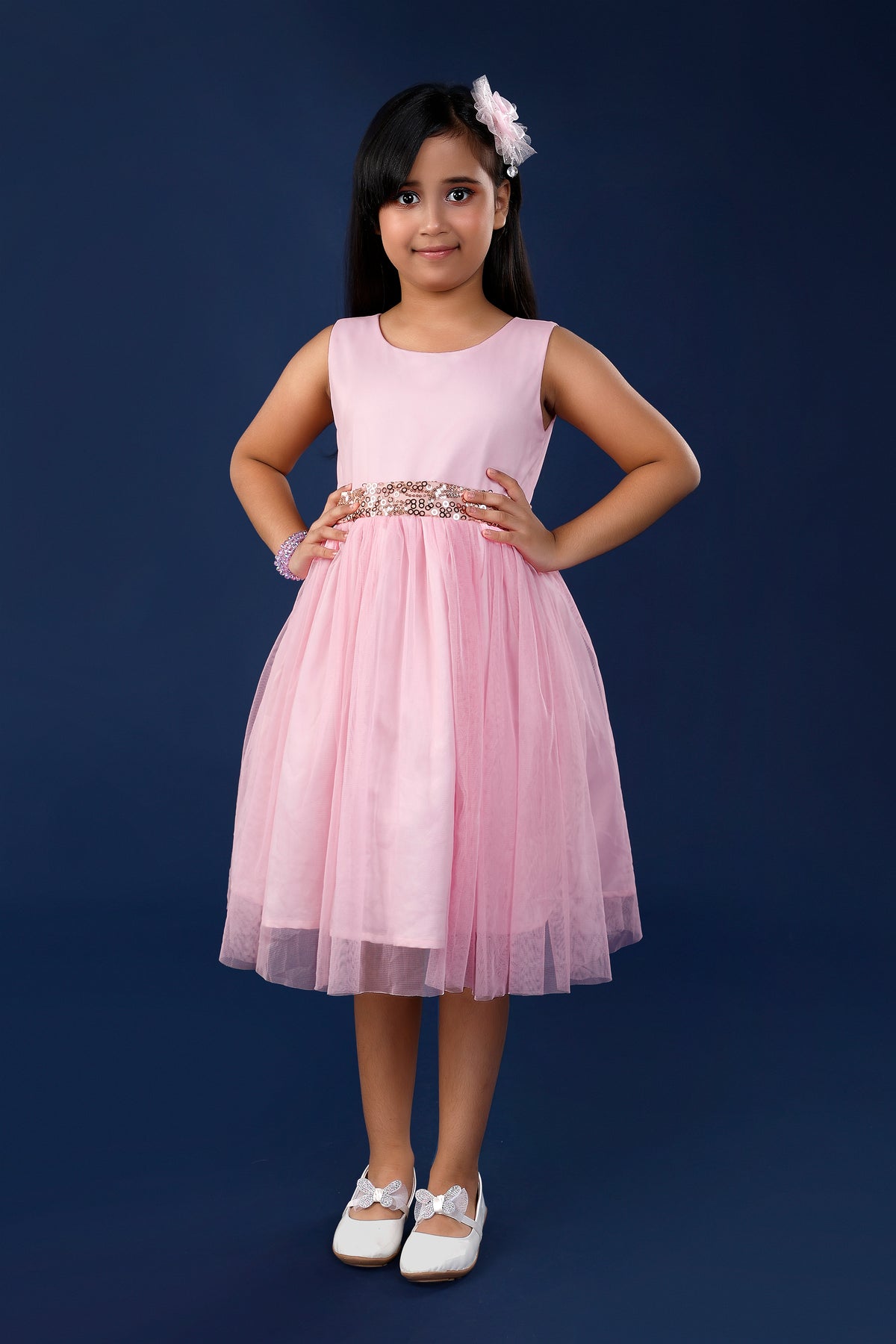 Pink Party Dress with Golden Sequined Belt