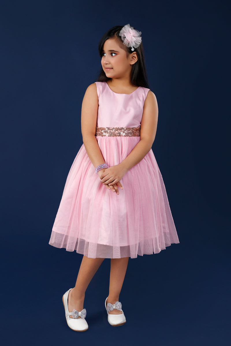 Pink Party Dress with Golden Sequined Belt