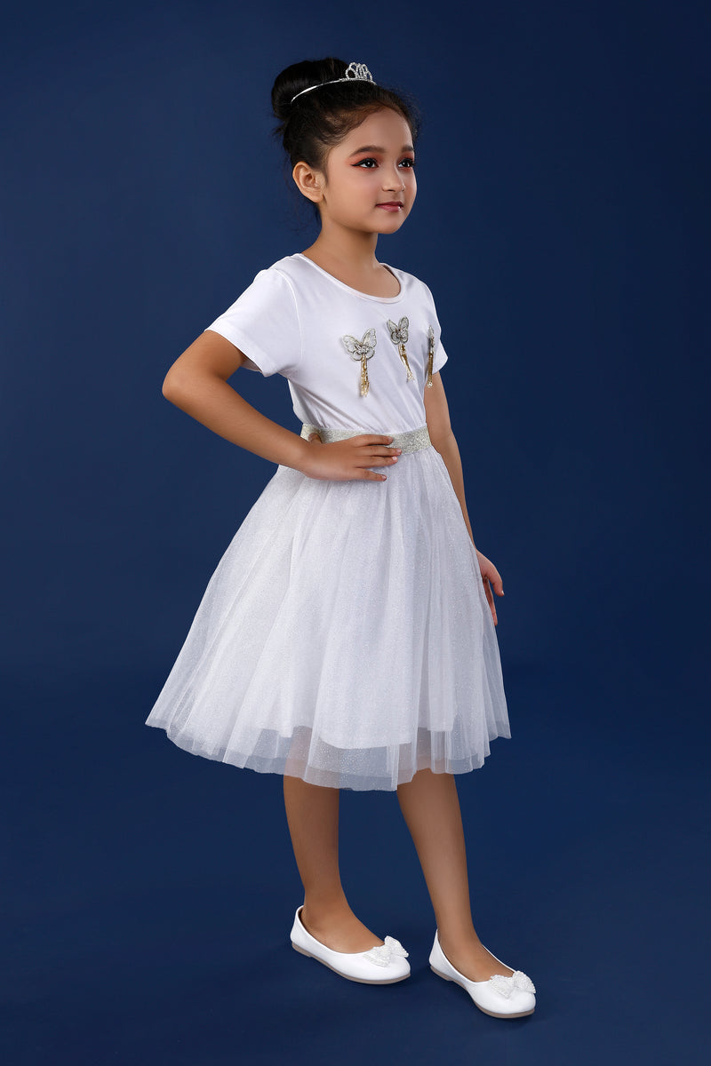 White Butterfly Embellished Party Dress