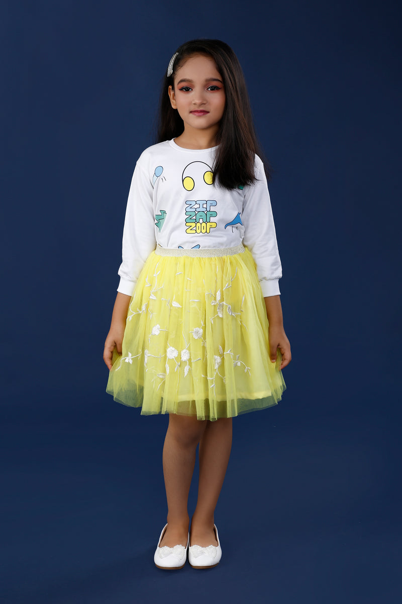 Zip Zap Zoop Logo Sweatshirt with Pretty Embroidery Tulle Yellow Skirt