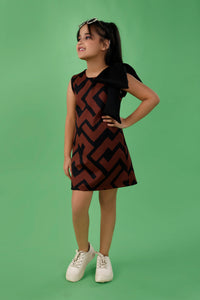 Brown & Black Geo Print Dress with Big Bow