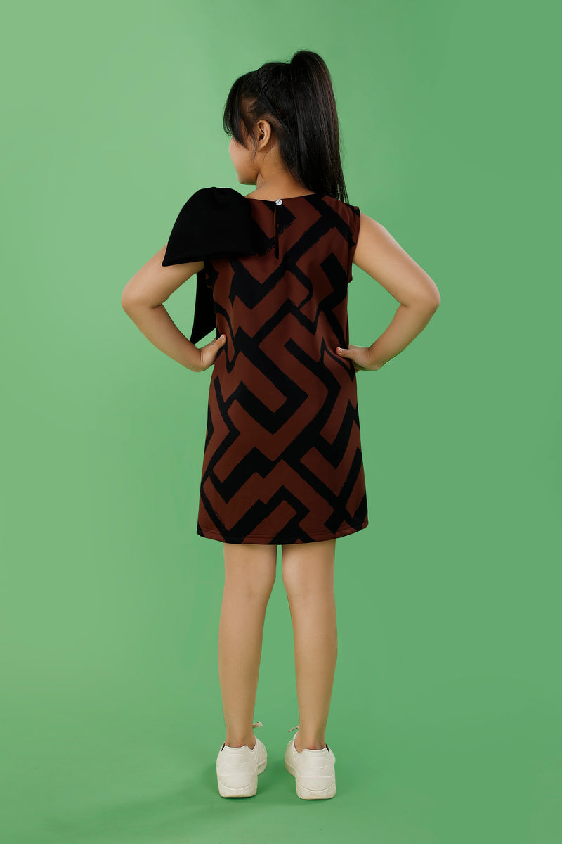 Brown & Black Geo Print Dress with Big Bow