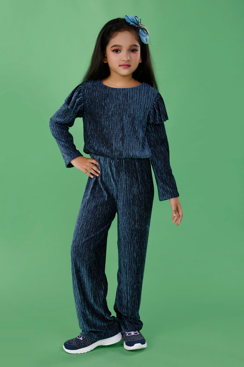 Blue Velvet Look Jumpsuit with Stripe