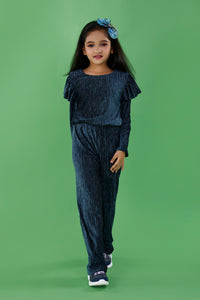 Blue Velvet Look Jumpsuit with Stripe