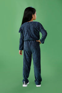 Blue Velvet Look Jumpsuit with Stripe