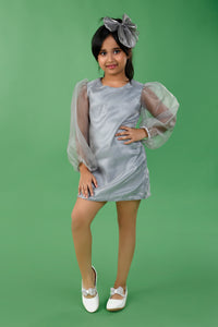 Grey Polyester Organza Dress with Exaggerated Sleeves