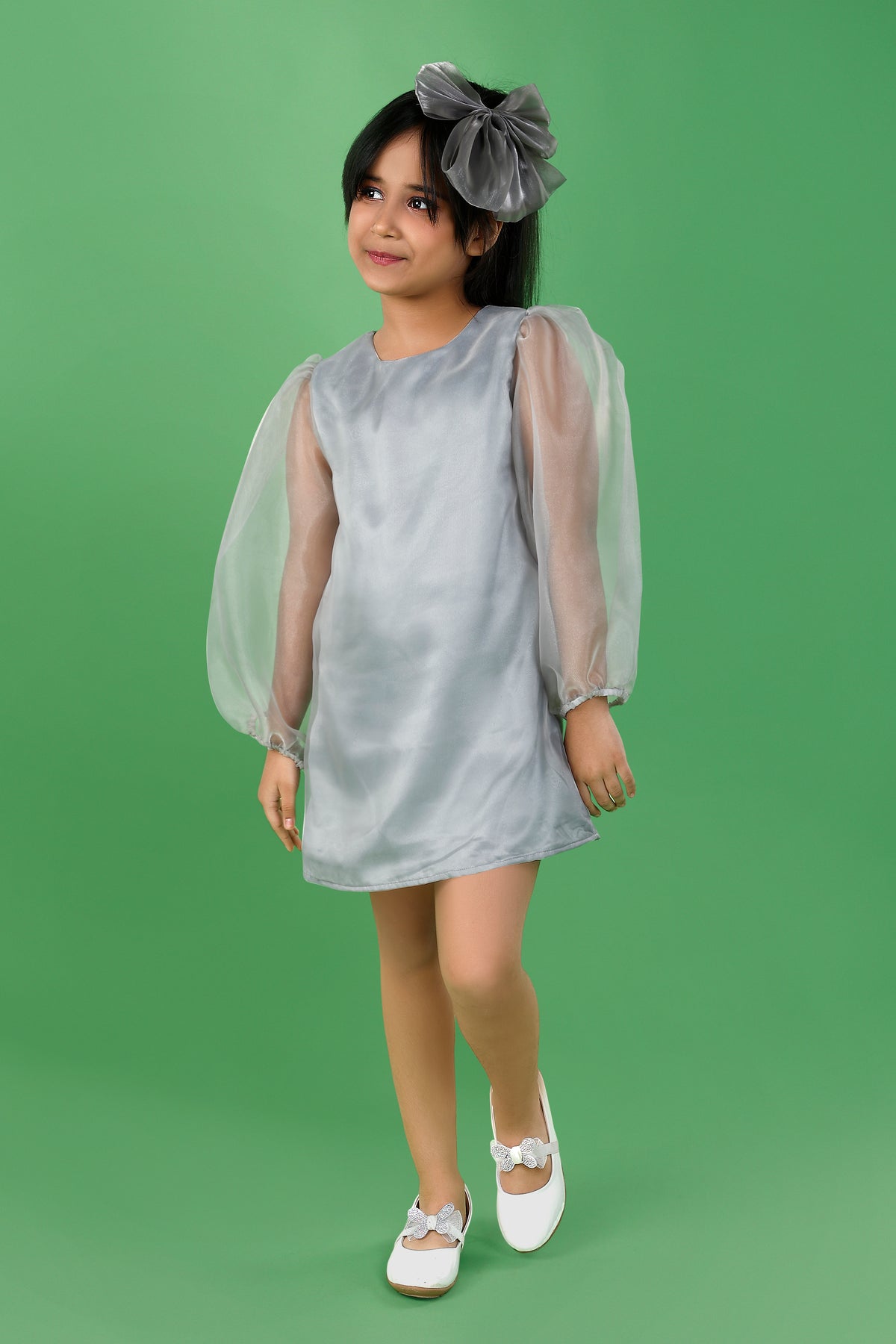 Grey Polyester Organza Dress with Exaggerated Sleeves