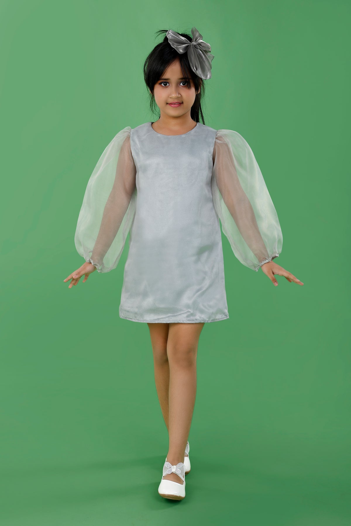 Grey Polyester Organza Dress with Exaggerated Sleeves