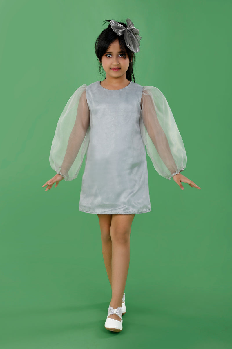 Grey Polyester Organza Dress with Exaggerated Sleeves