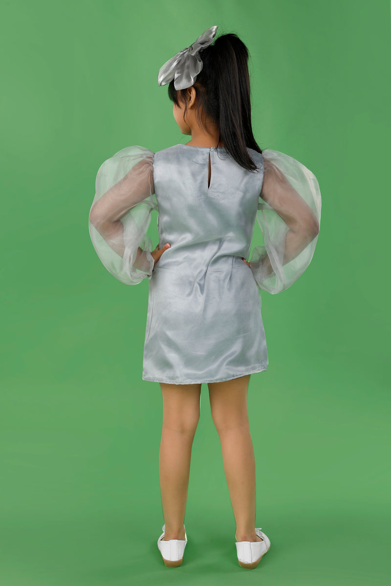 Grey Polyester Organza Dress with Exaggerated Sleeves