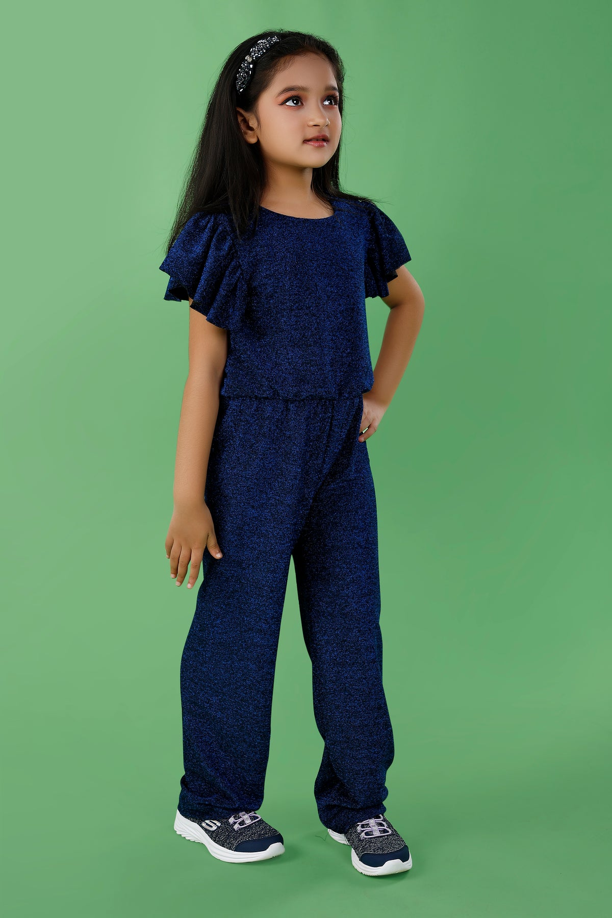 Navy Blue Sequins Jumpsuit with Gold Belt