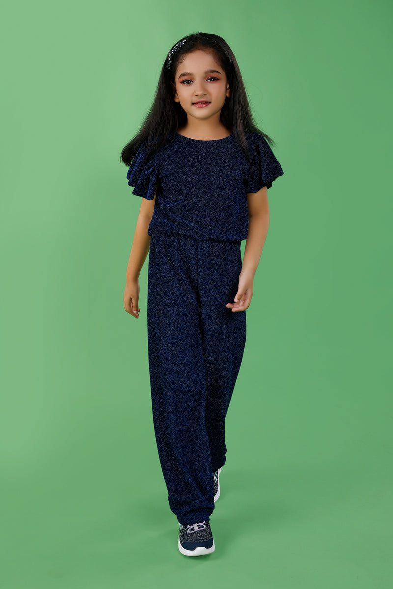 Navy Blue Sequins Jumpsuit with Gold Belt