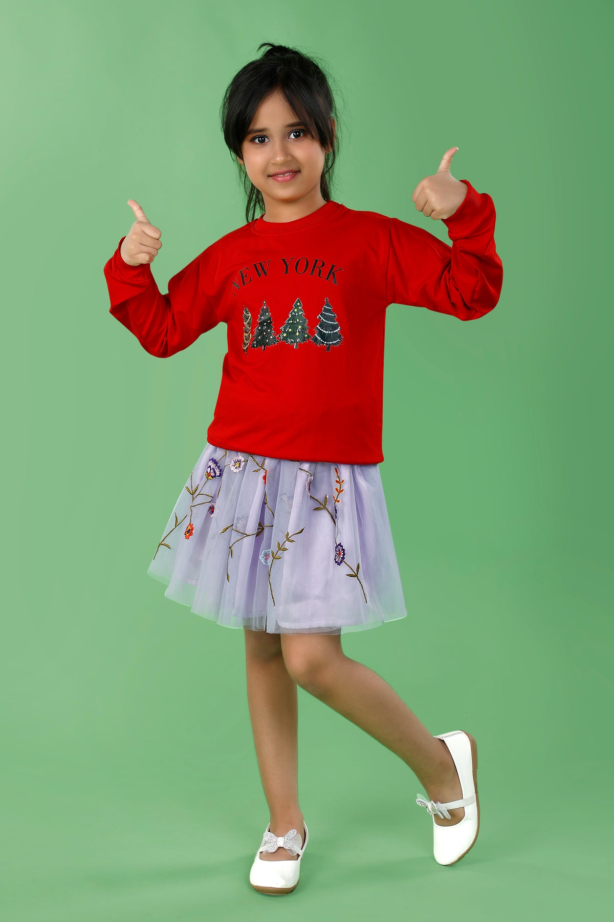 New York Red Sweatshirt with Lilac Embroidery Tulle Skirt