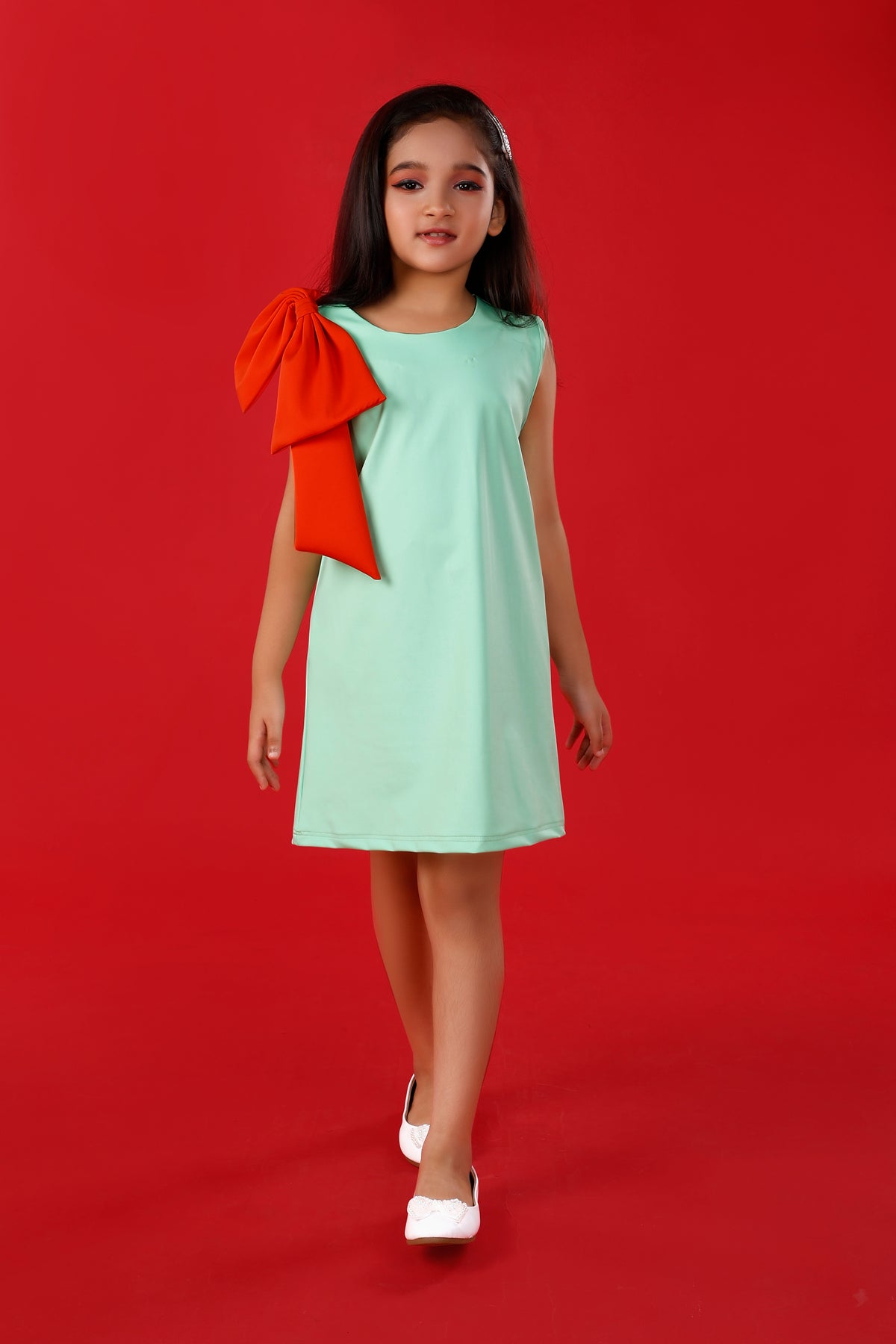 Mint Green Party Dress with Big Orange Bow