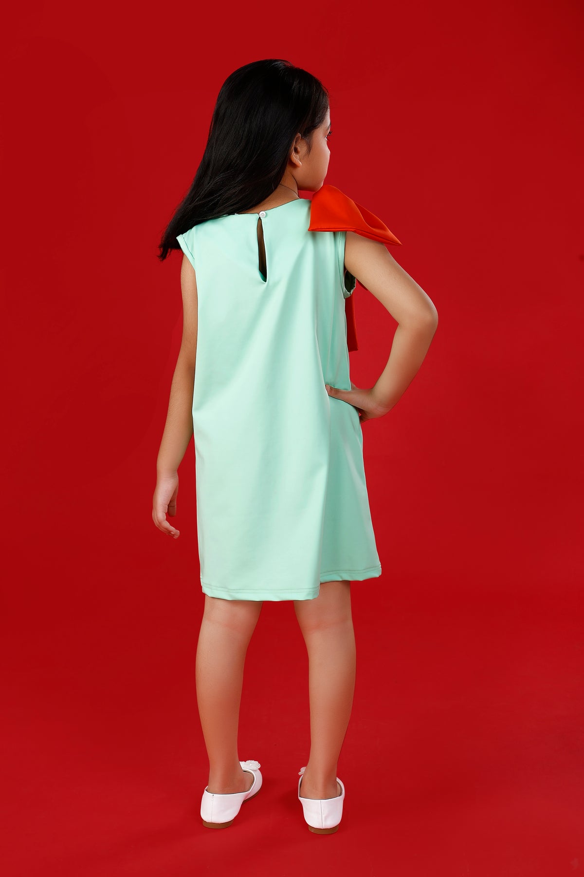 Mint Green Party Dress with Big Orange Bow