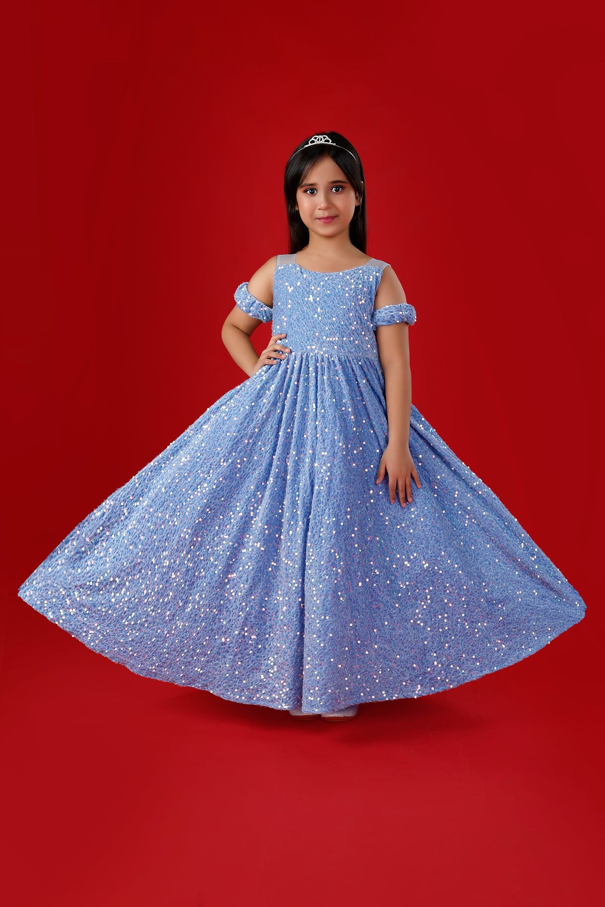 Light Blue Sequins Exaggerated Princess Ball Gown: Frozen Inspired