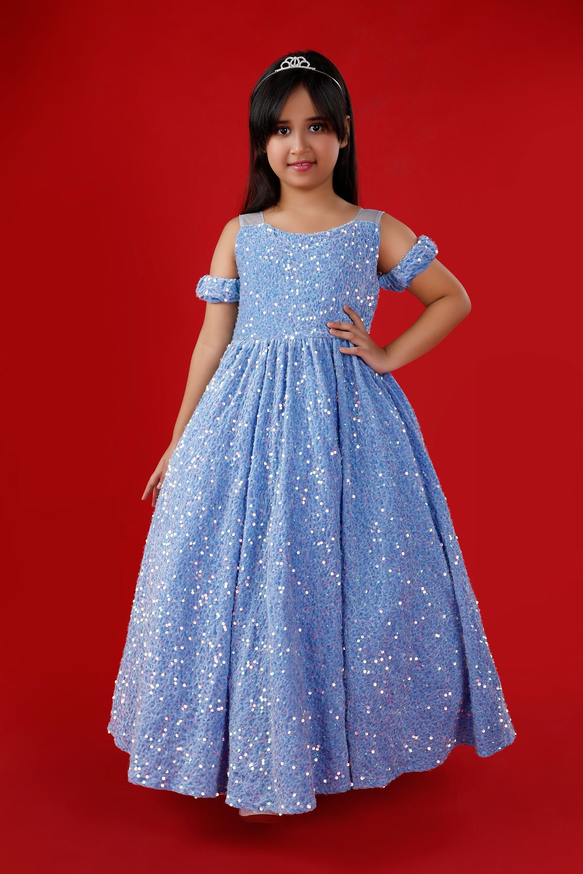 Light Blue Sequins Exaggerated Princess Ball Gown: Frozen Inspired