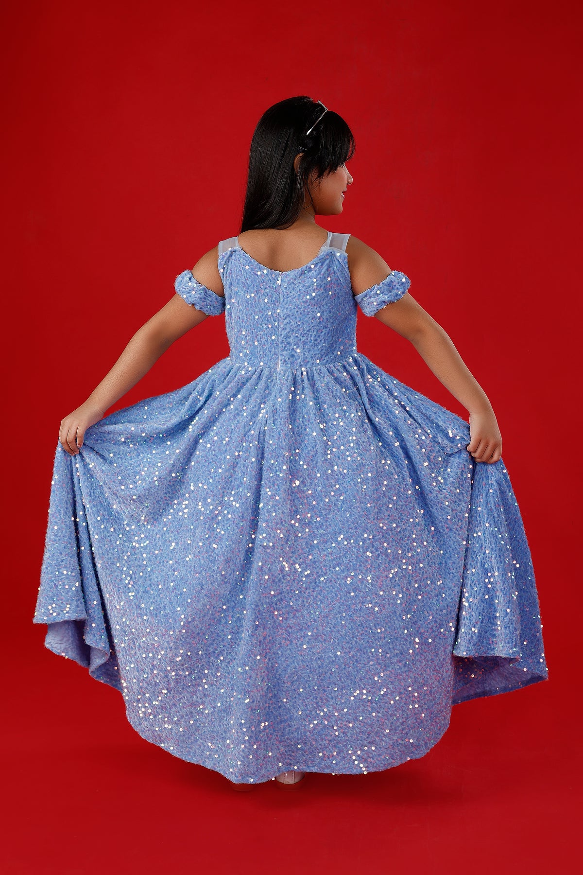 Light Blue Sequins Exaggerated Princess Ball Gown: Frozen Inspired