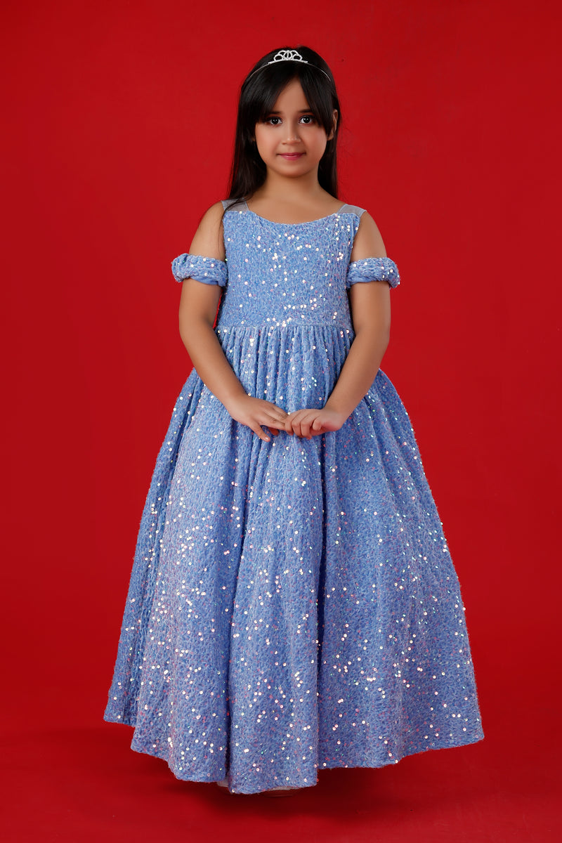 Light Blue Sequins Exaggerated Princess Ball Gown: Frozen Inspired