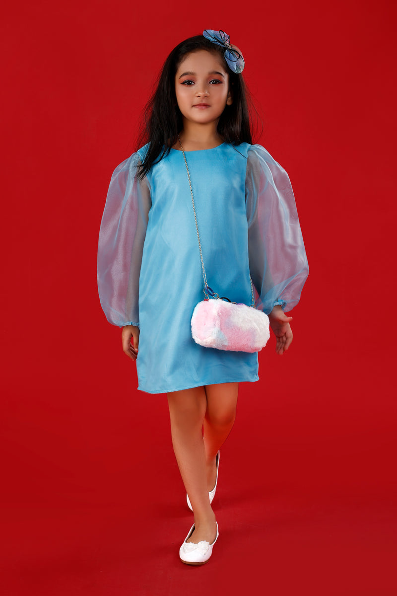 Light Blue Polyester Organza Dress with Exaggerated Sleeves