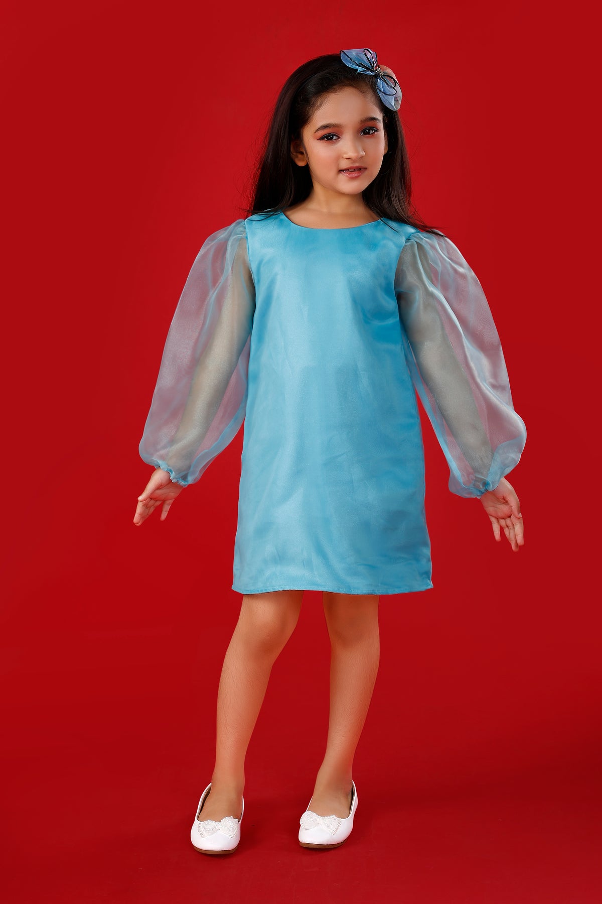 Light Blue Polyester Organza Dress with Exaggerated Sleeves