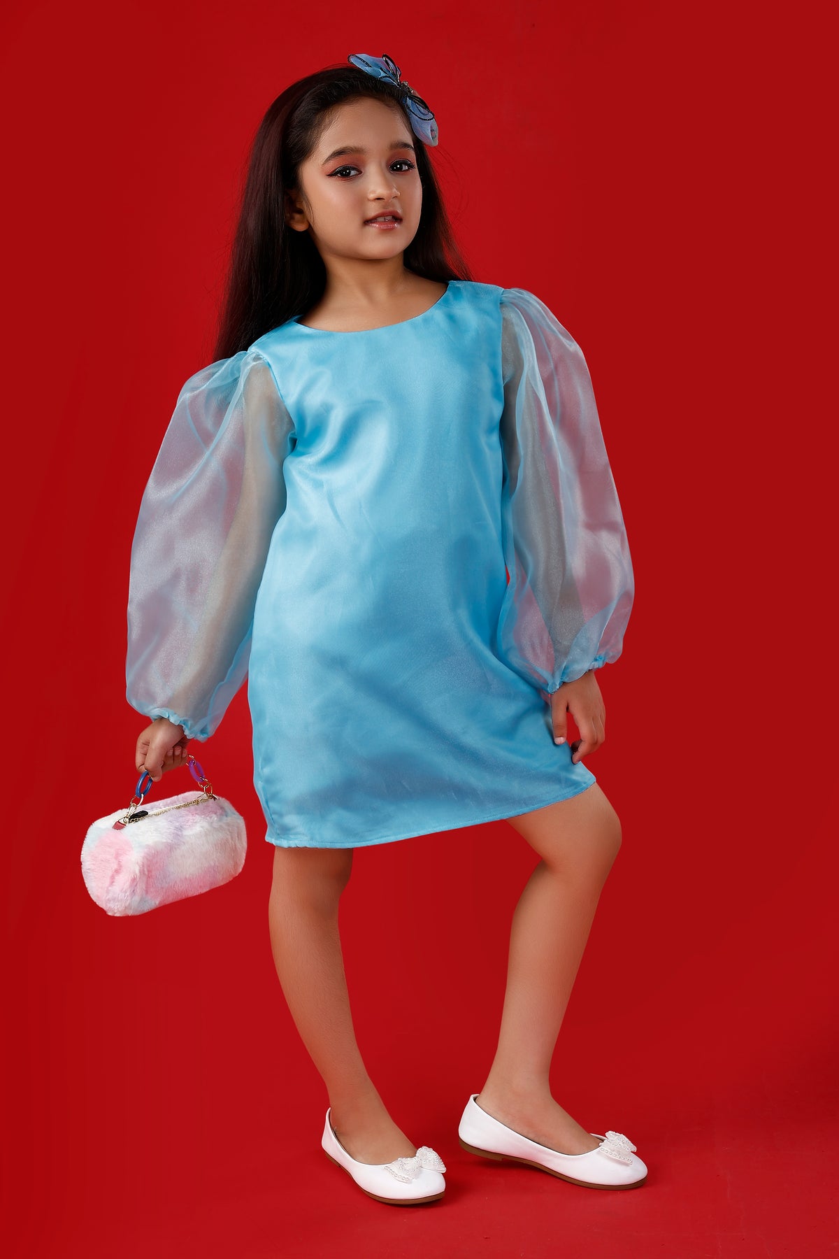 Light Blue Polyester Organza Dress with Exaggerated Sleeves