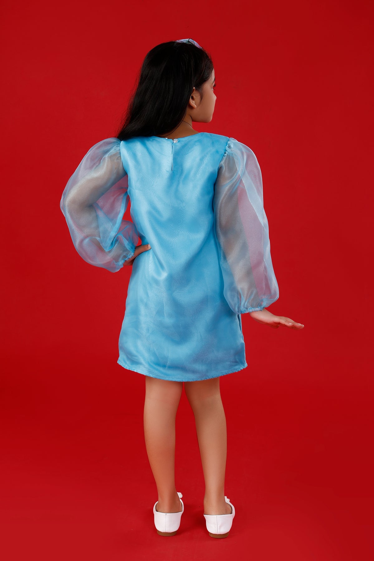 Light Blue Polyester Organza Dress with Exaggerated Sleeves