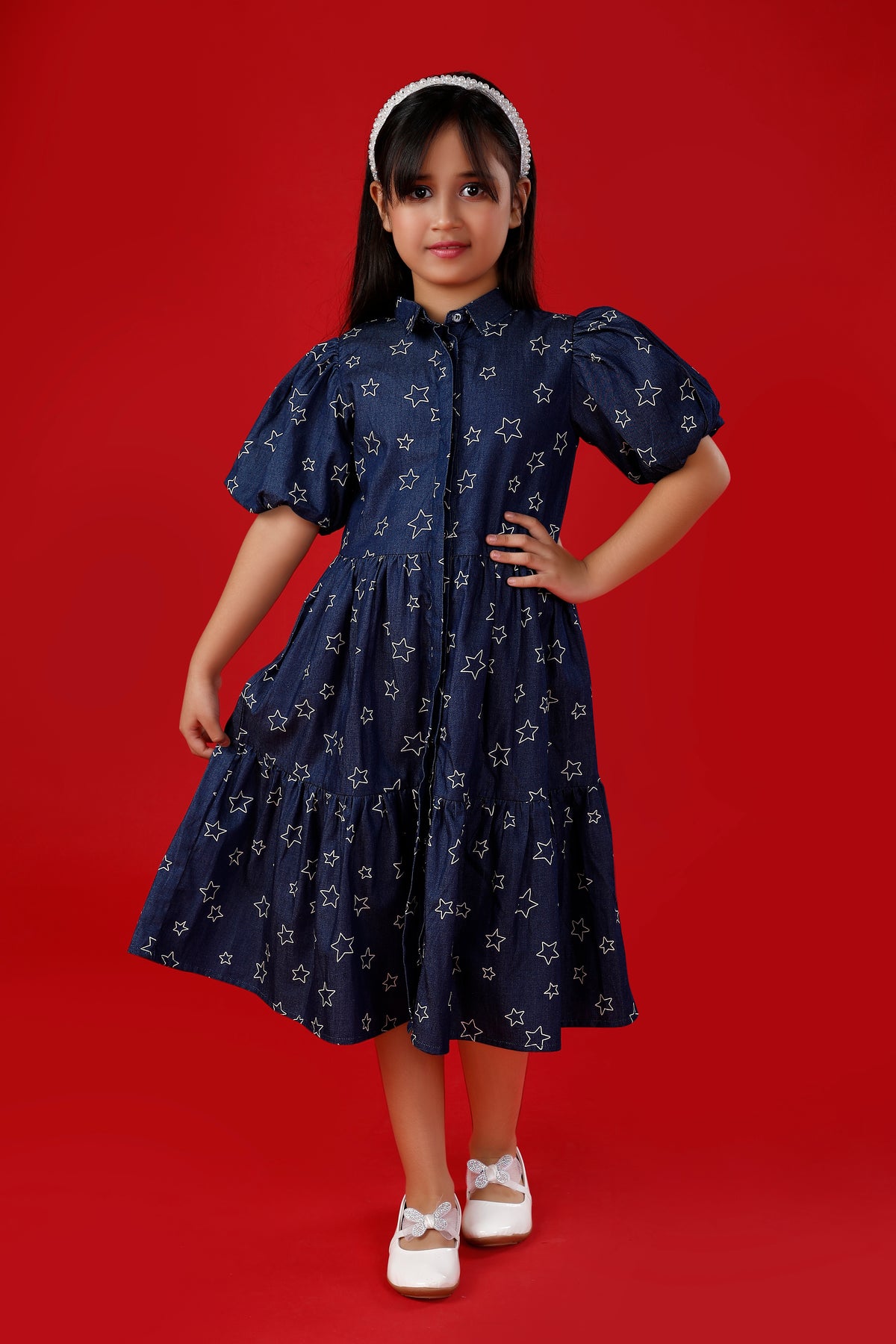 Blue Denim Dress with Star Print